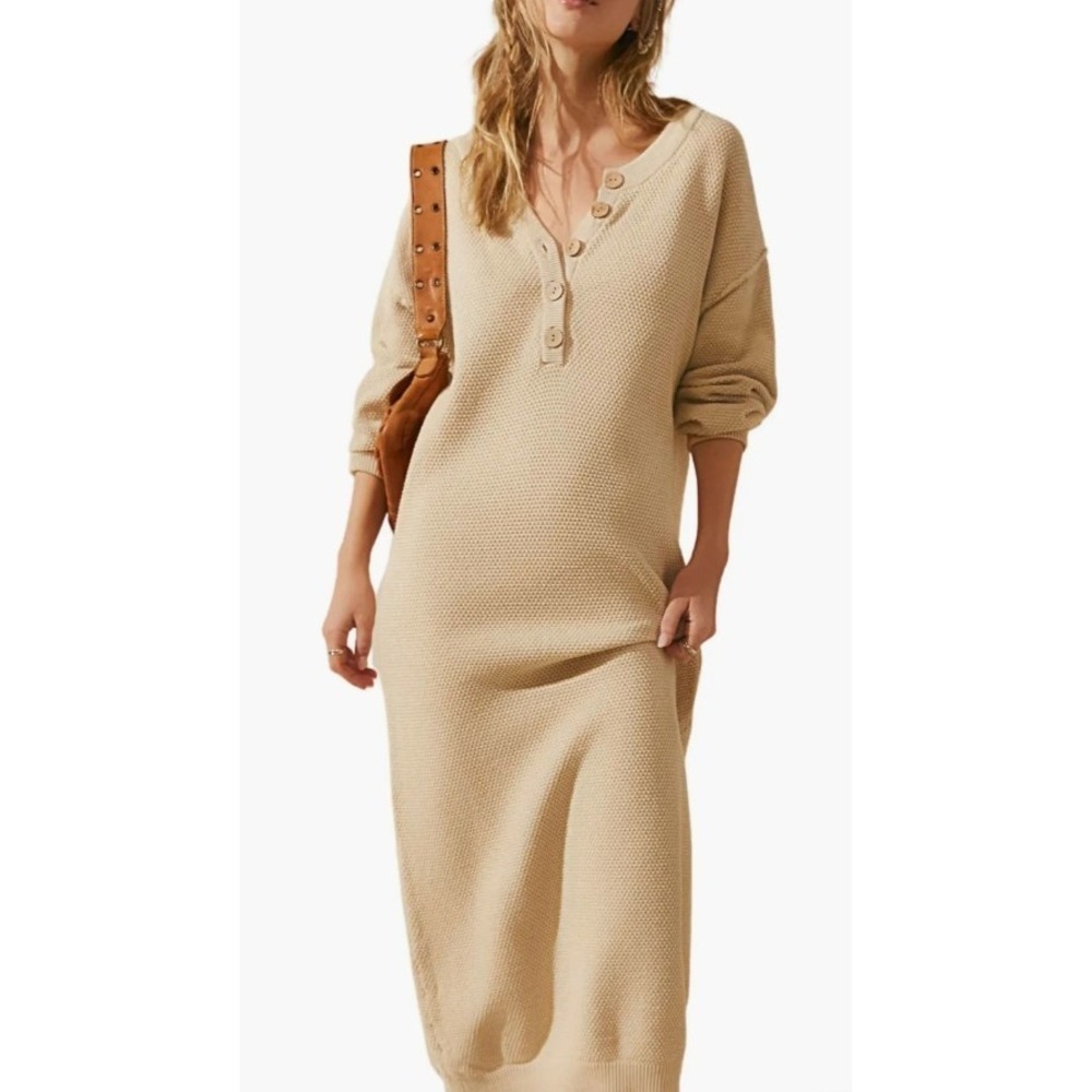 Free People Hailee Long Sleeve Cotton‎ Sweater Dress M Relaxed Quiet Luxury